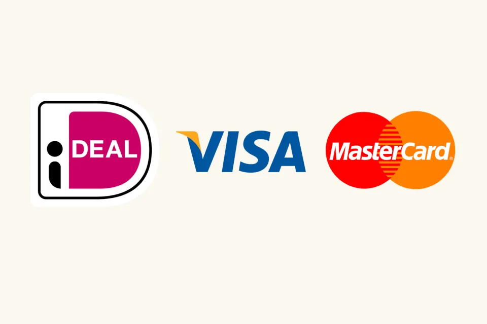 Logos van de betaalmethodes iDEAL, Visa en Mastercard op de website van Buitenplaats de Hildenberg