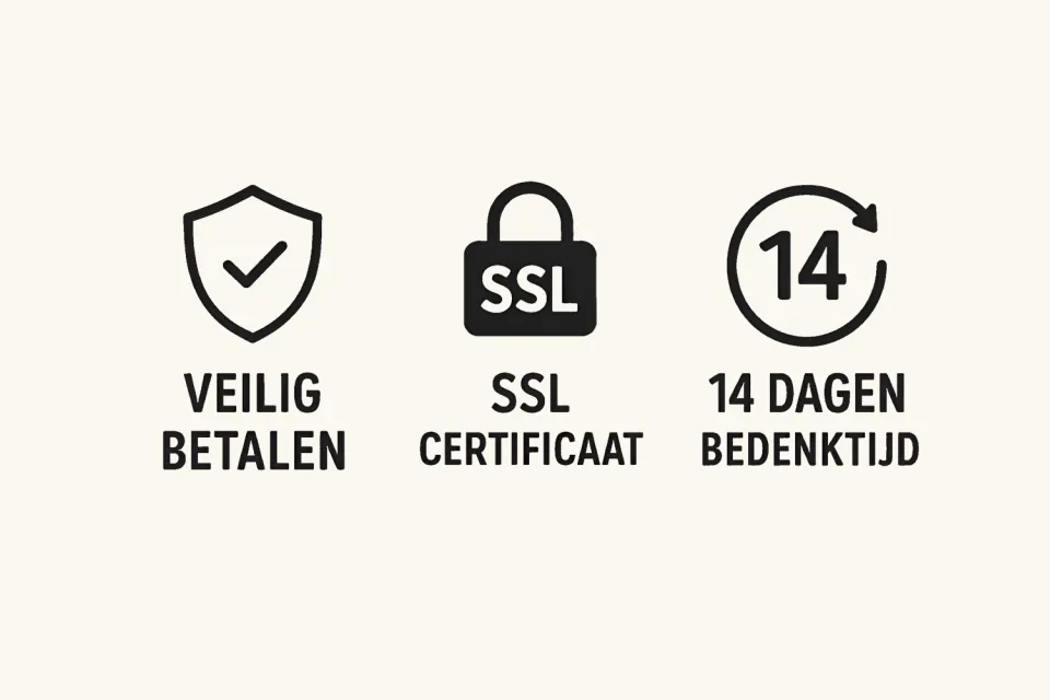 Drie iconen met de teksten veilig betalen, SSL certificaat en 14 dagen bedenktijd