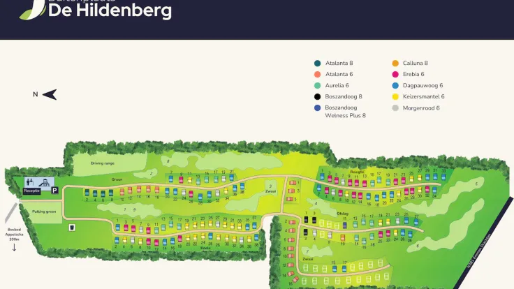 Plattegrond van Buitenplaats de Hildenberg met de ligging van de vakantiewoningen, het golfpark en de faciliteiten
