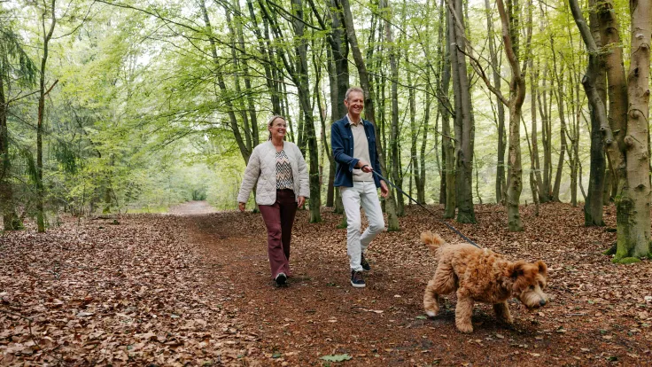 Een stel wandelt met een hond over een bospad bedekt met herfstbladeren bij Appelscha